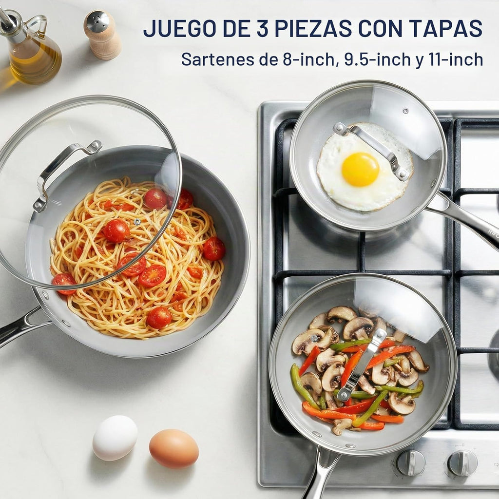 Kikcoin Sartenes antiadherentes con tapa, paquete de 3 sartenes de...