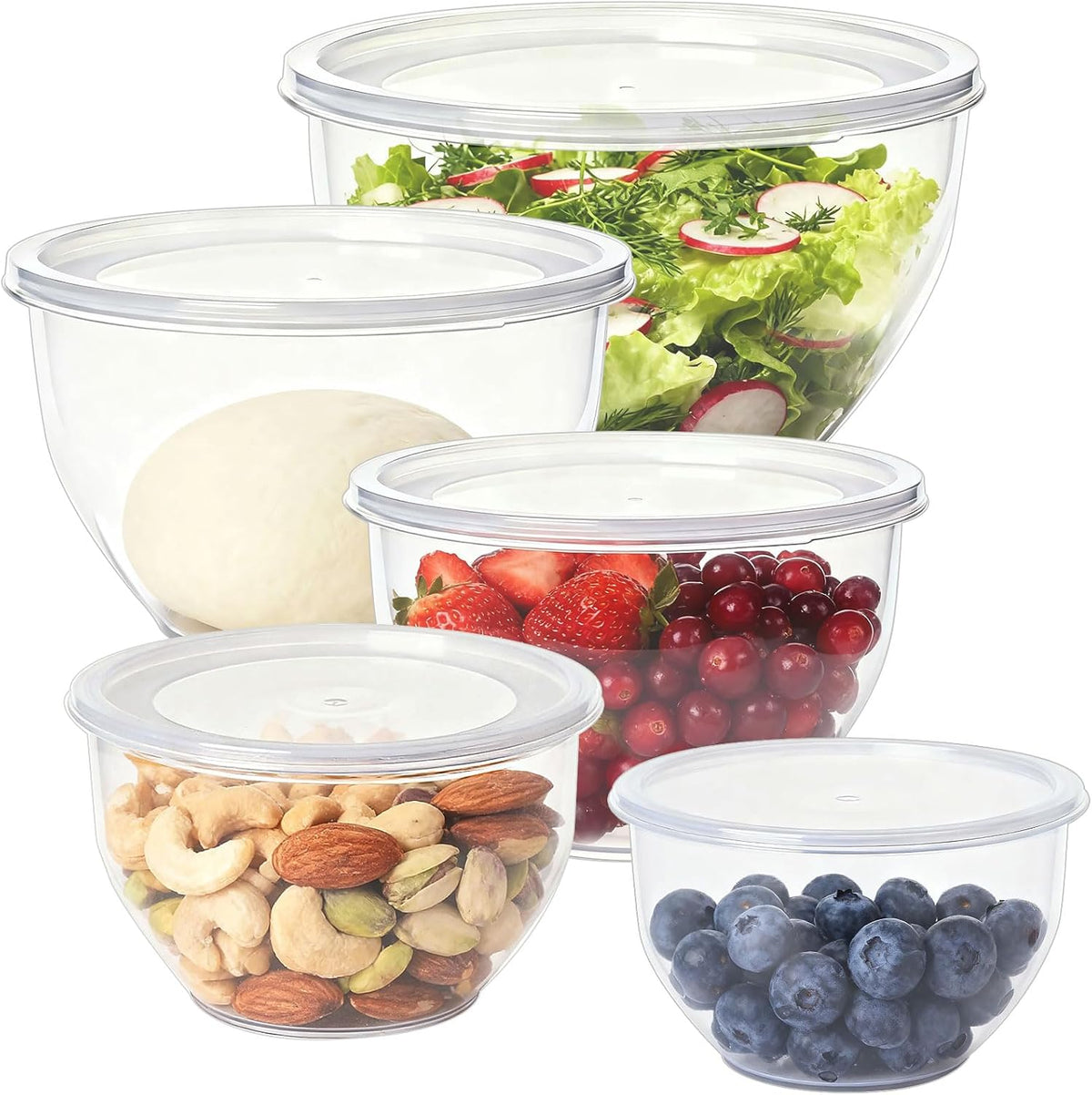 Greentainer Juego de 5 tazones de plástico con tapas para cocina, j...