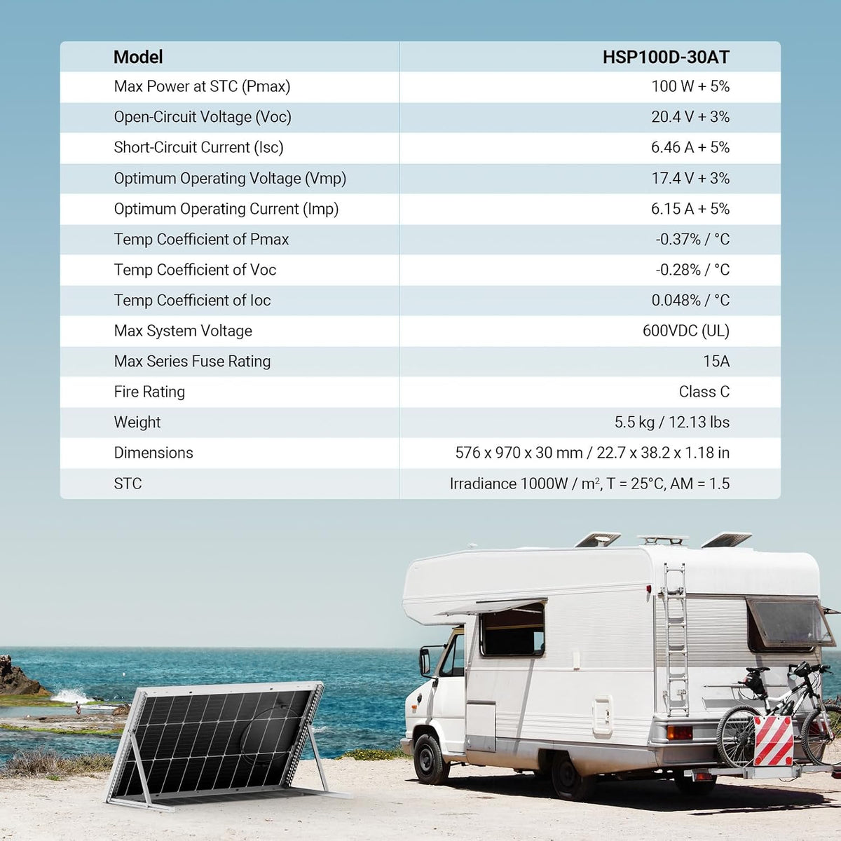 HQST - Panel solar monocristalino de 100 W y 12 V, módulo de alta e...