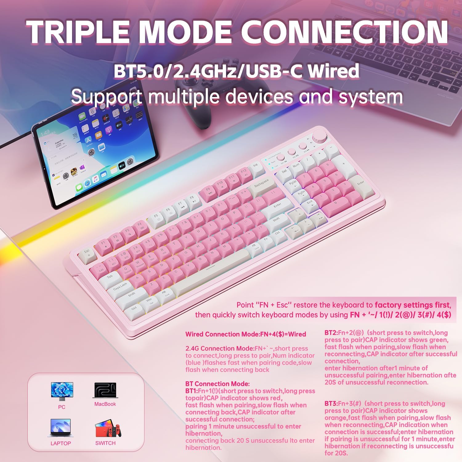 Teclado AULA de 99 teclas, teclado inalámbrico rosa para juegos, co...