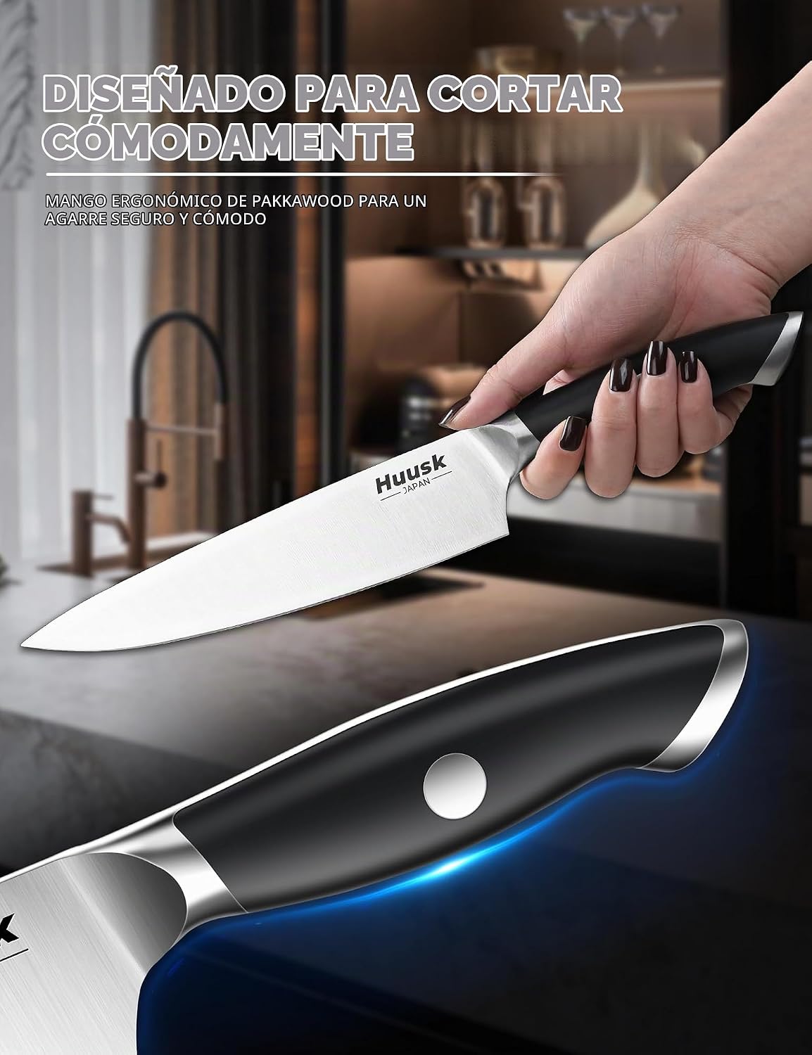 Huusk Juego de 14 cuchillos de cocina japoneses de espiga completa...