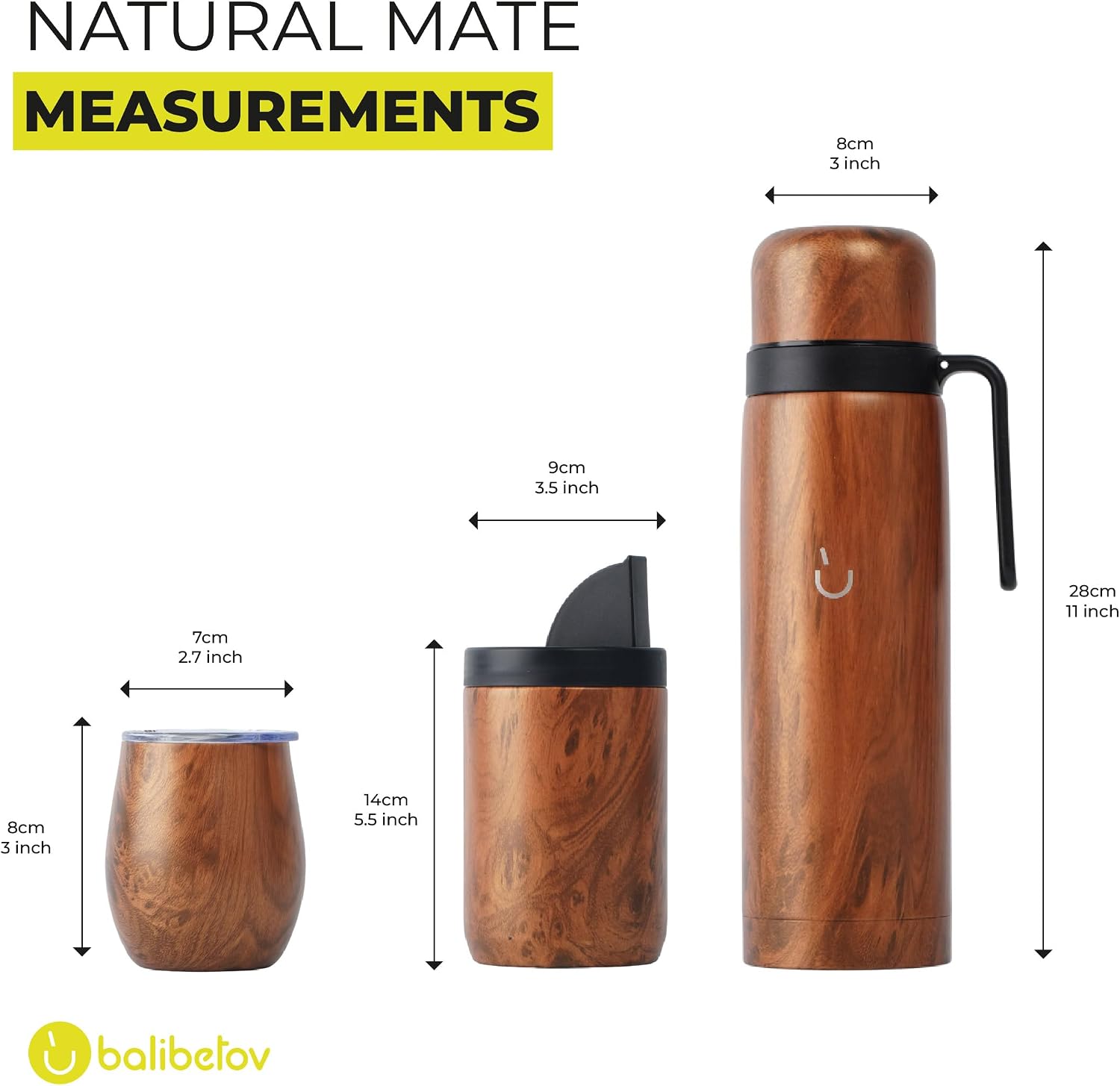 BALIBETOV Juego completo de yerba mate – Calabaza mate moderna, frasco térmico, contenedor de yerba, bombilla y cepillo de limpieza incluidos, todo acero inoxidable 304 18/8 de alta calidad