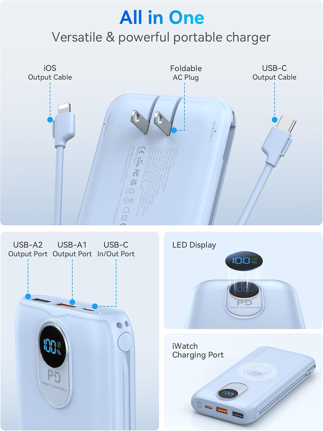 Cargador portátil Power Bank 10000mAh PD20W con cables incorporados...
