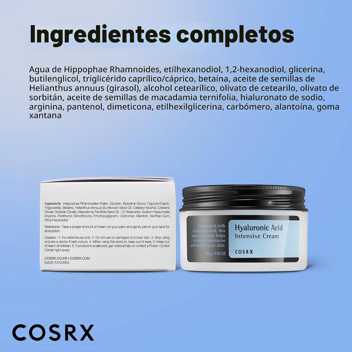 COSRX Crema de ácido hialurónico, hidratante diario para pieles sen...