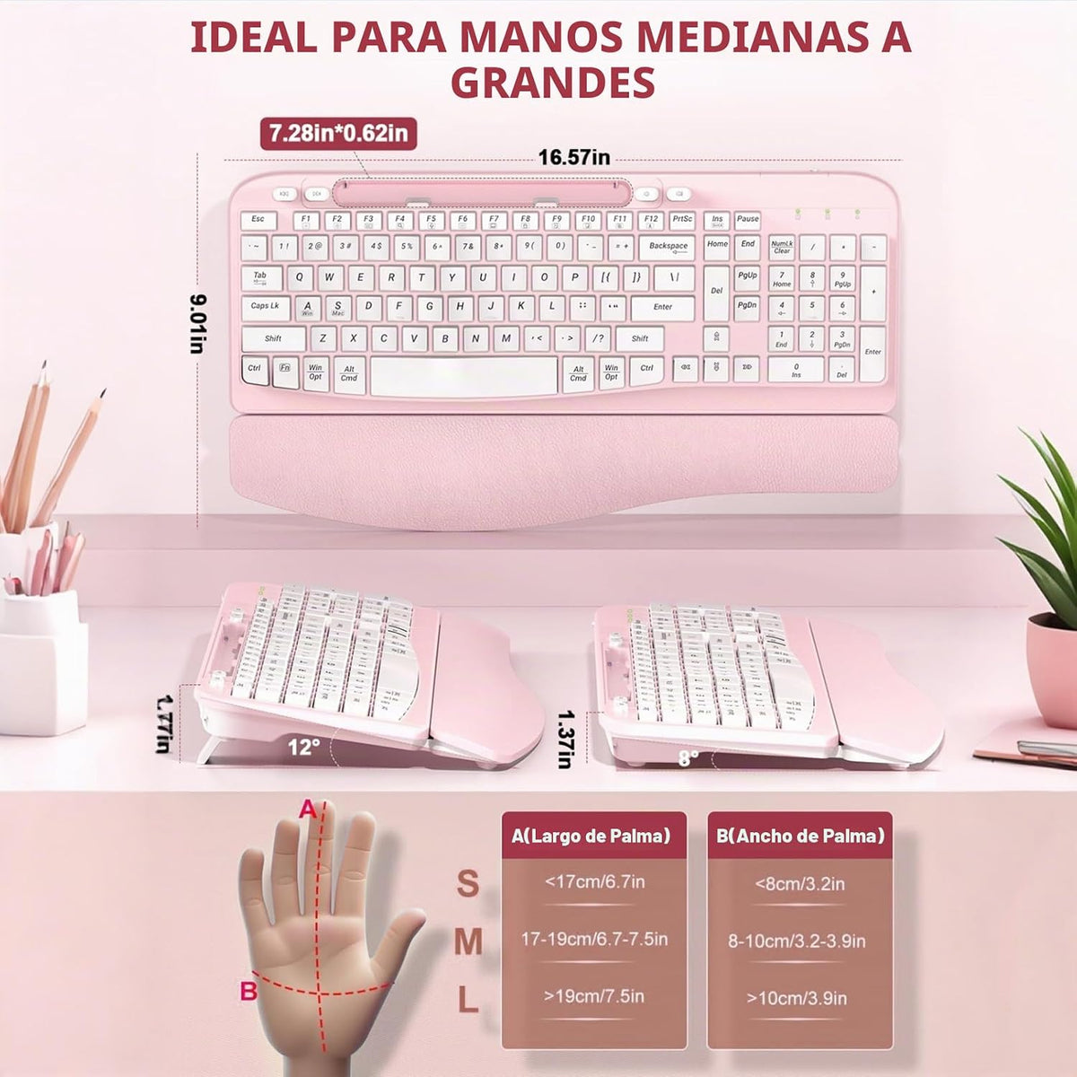 Teclado inalámbrico ergonómico con reposamuñecas acolchado, teclas...