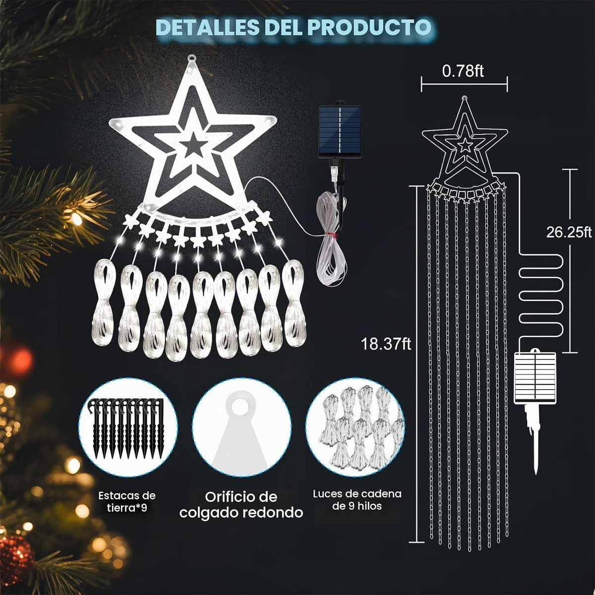 Luces solares para árbol de Navidad al aire libre, 532 LED de 18.37...