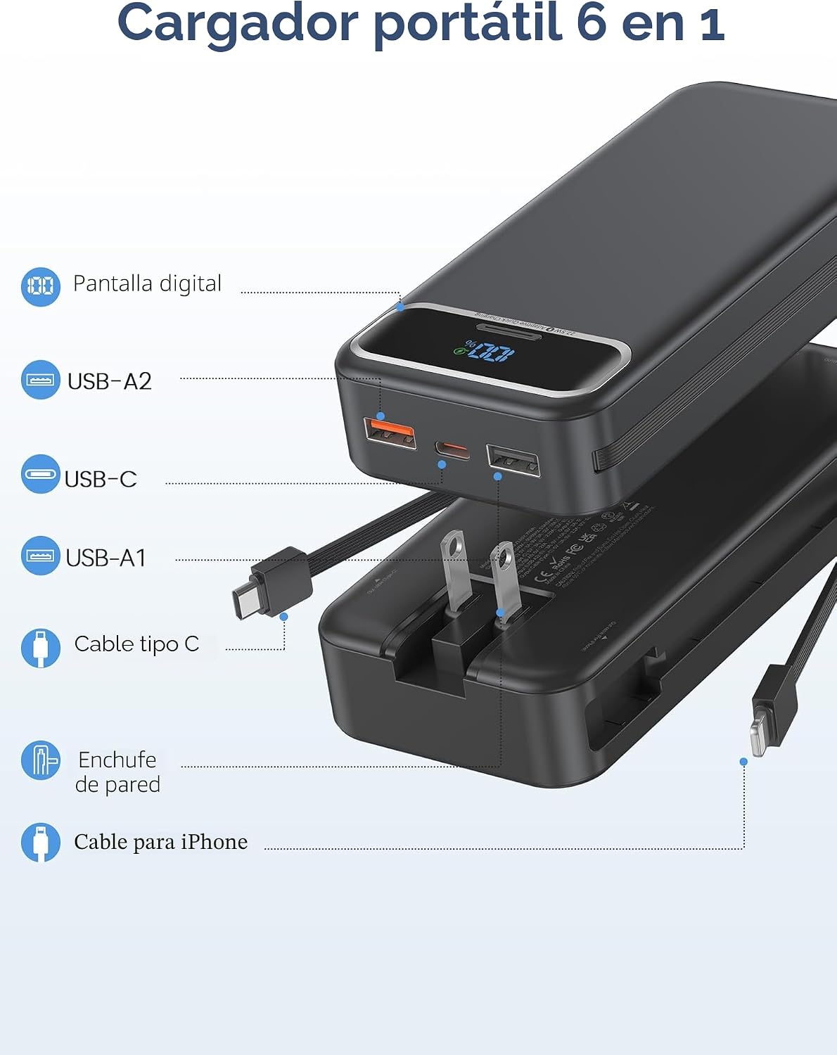 aonidi - Cargador portátil de 20000 mAh con cables integrados y enc...