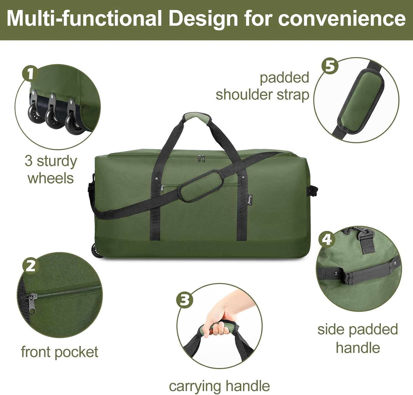 Finnhomy Bolsa de Lona Rodante Plegable de 120L con 3 Ruedas, Bolsa...