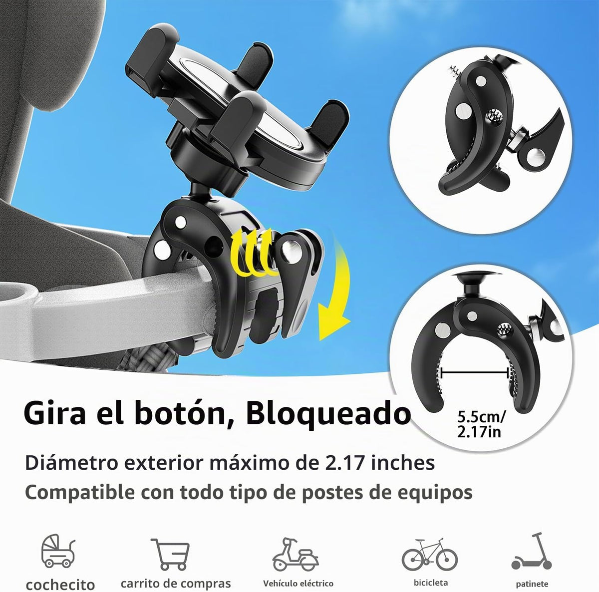 Temvue Soporte de teléfono para cochecito, abrazadera de montaje un...