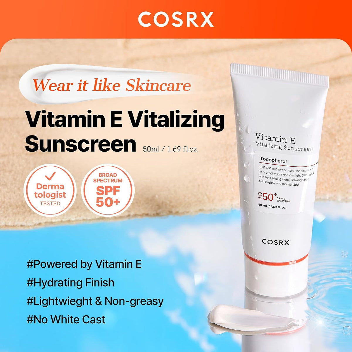 COSRX Vitamina E Protector solar SPF 50, brillo natural, para piel...