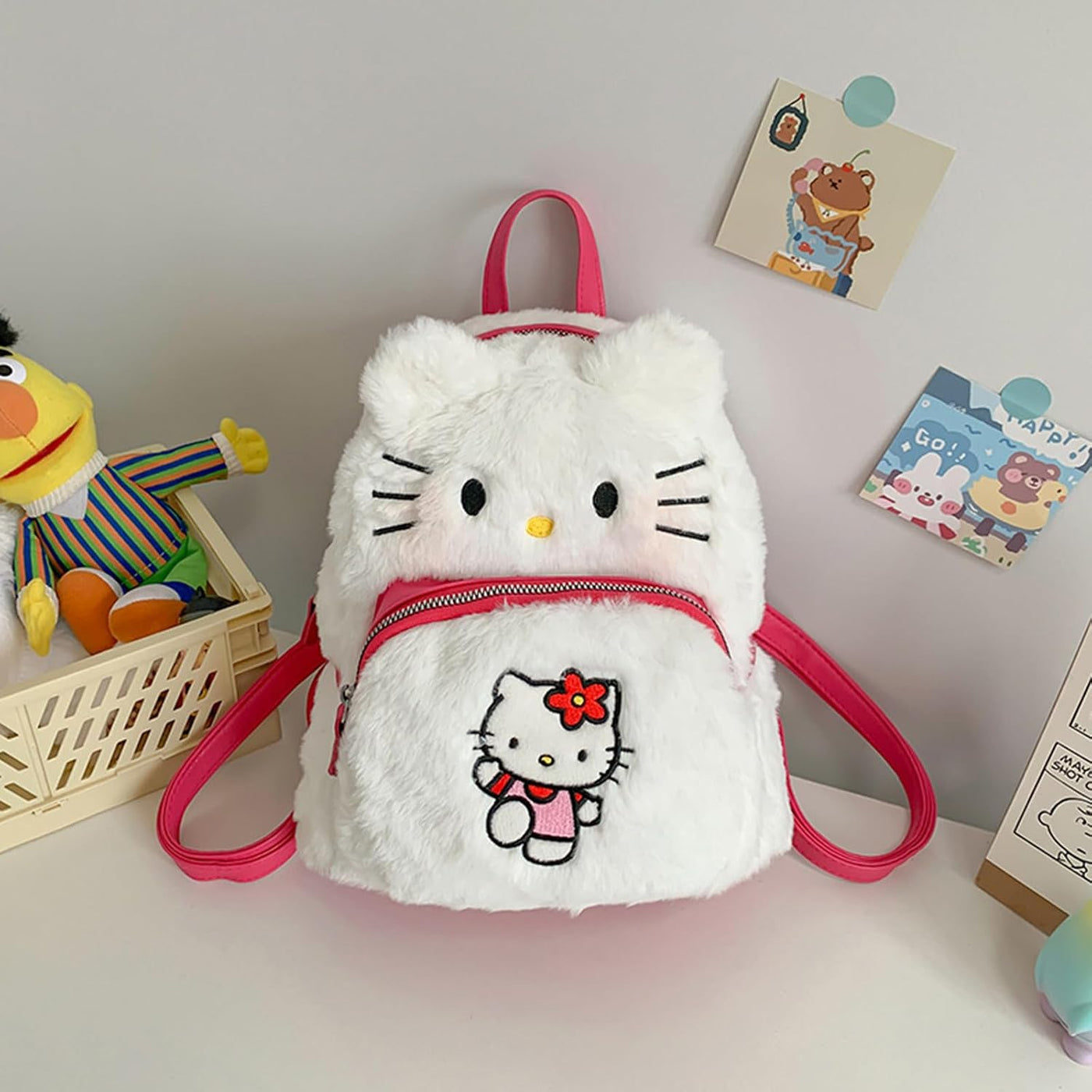 Bonita mochila de felpa, mini bolsa de hombro con doble correa de d...