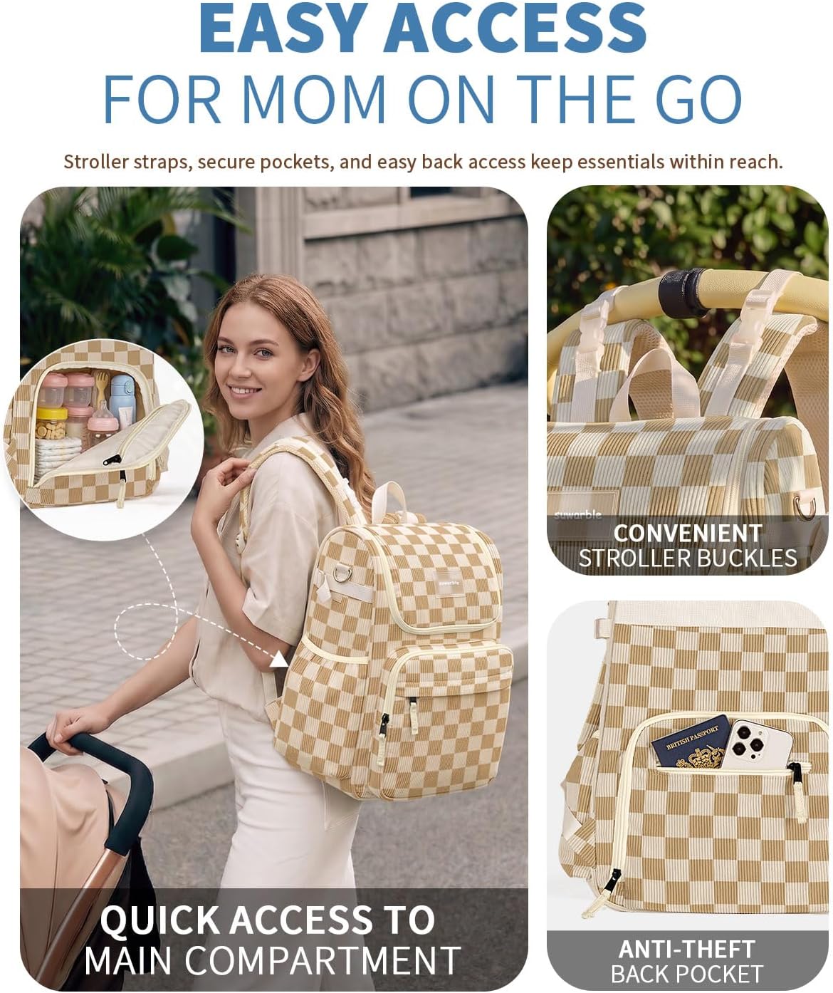 suwarble Mochila grande de pana para pañales para mamá, mochila de...