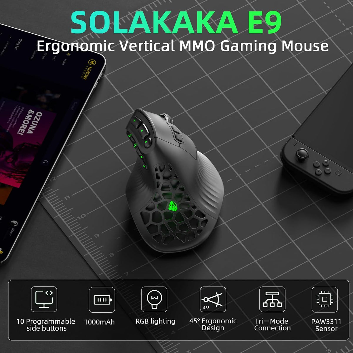SOLAKAKA Ratón MMO ergonómico vertical E9 con 10 botones laterales,...