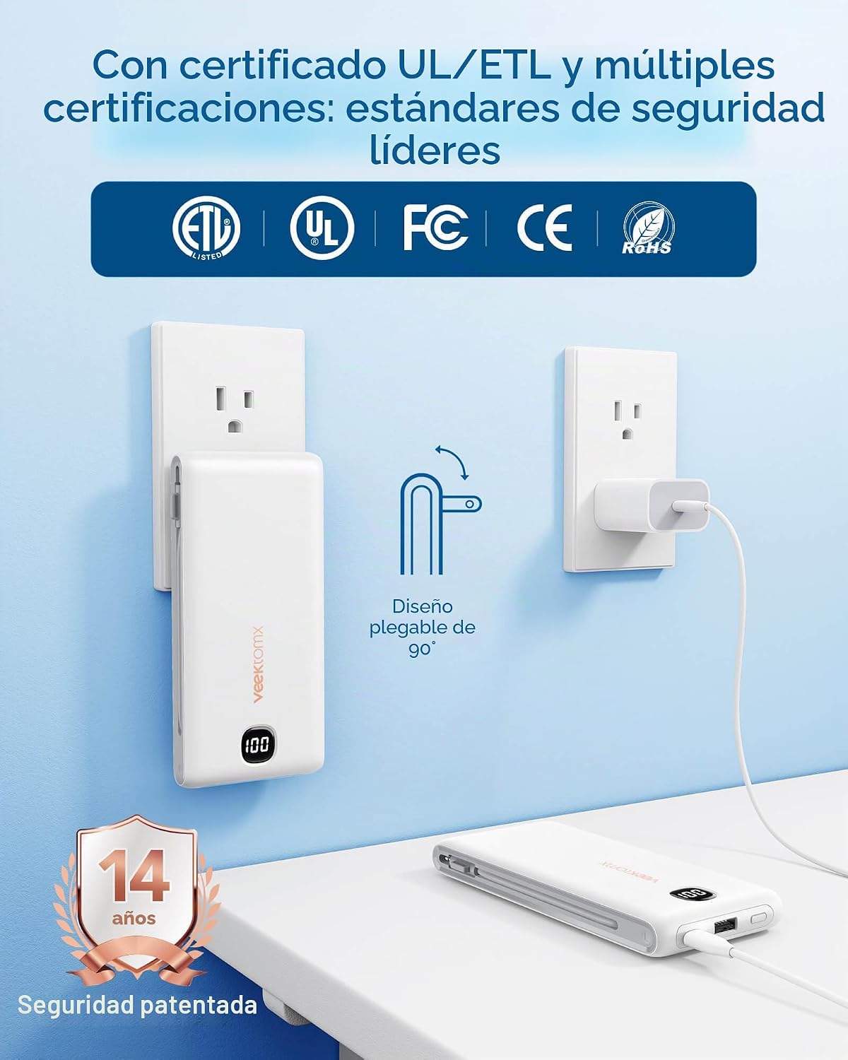 VEEKTOMX Cargador portátil con cables incorporados y enchufe de par...