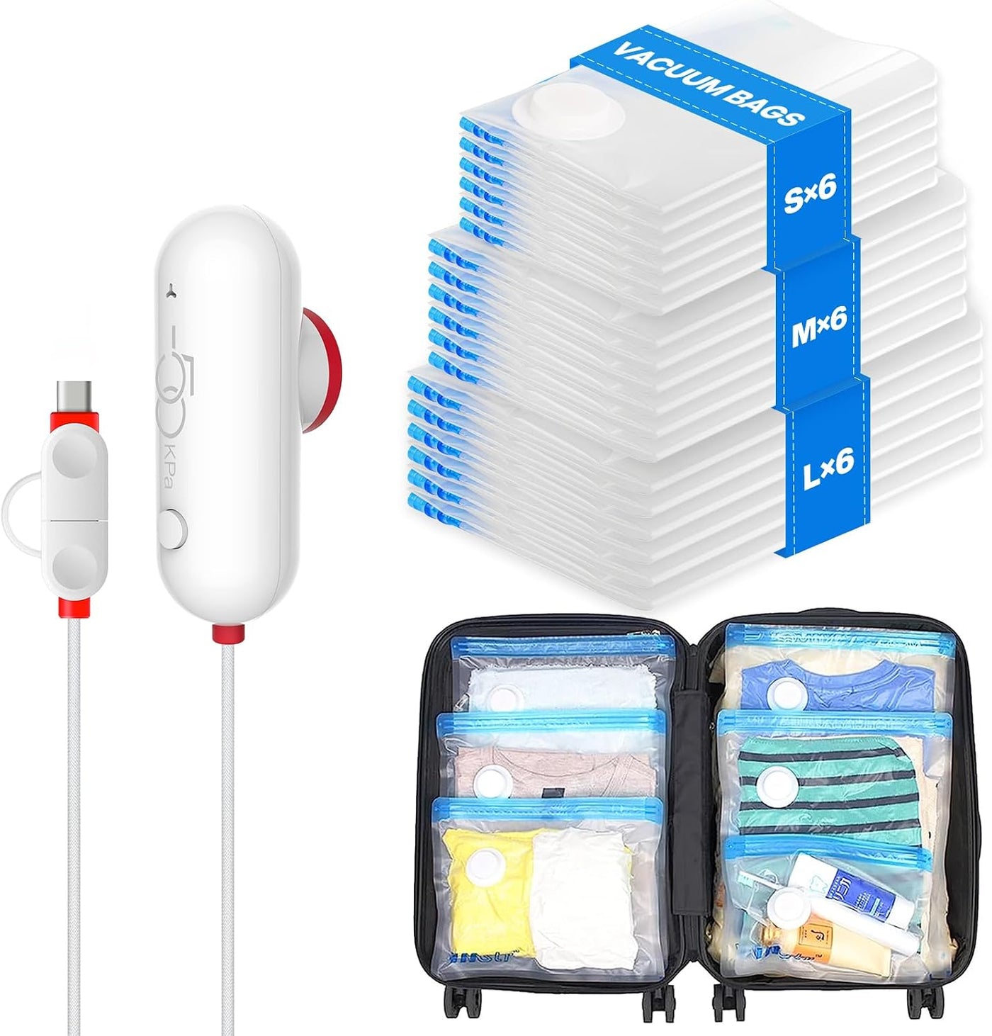 VMstr Paquete de 18 bolsas de almacenamiento al vacío con bomba USB...