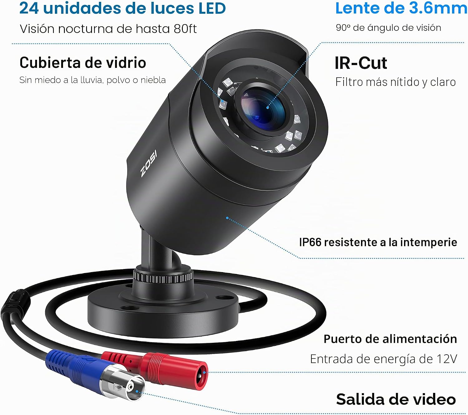 ZOSI Cámara de seguridad con cable 1080P HD TVI, paquete de 4, visi...