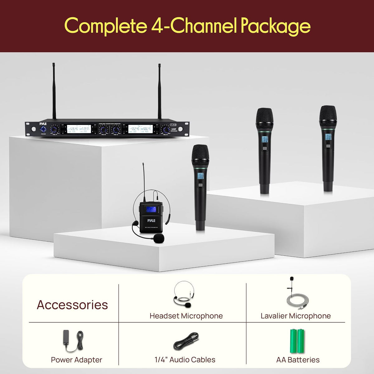 Pyle Sistema de micrófono inalámbrico UHF de 4 canales con 3 micróf...