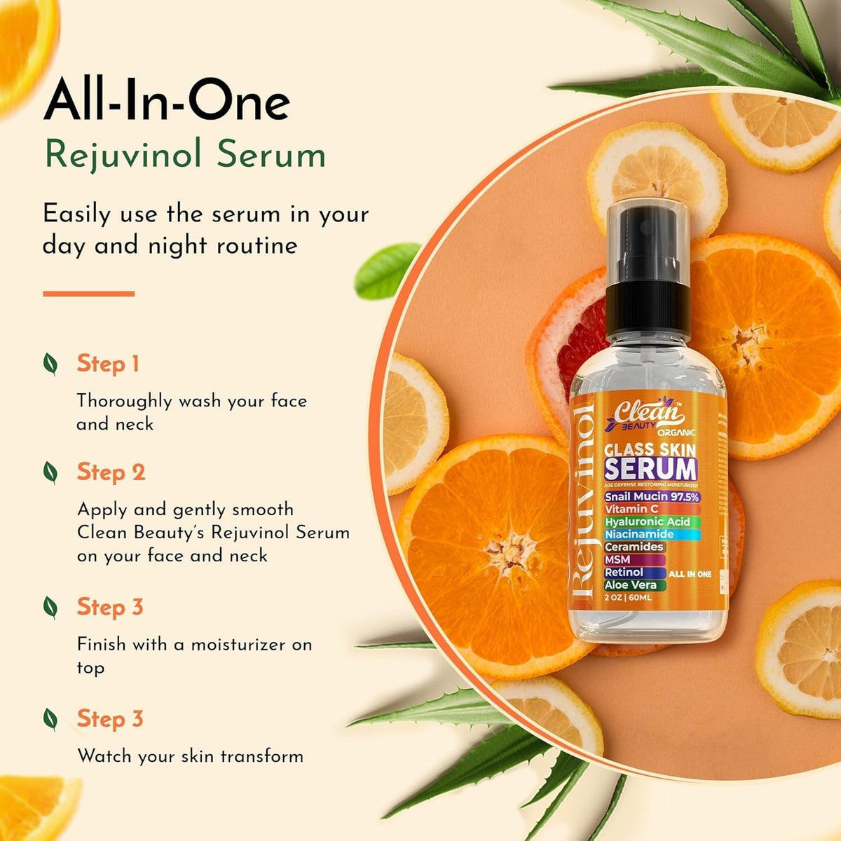 Clean Beauty Suero de mucina de caracol con vitamina C, suero facia...