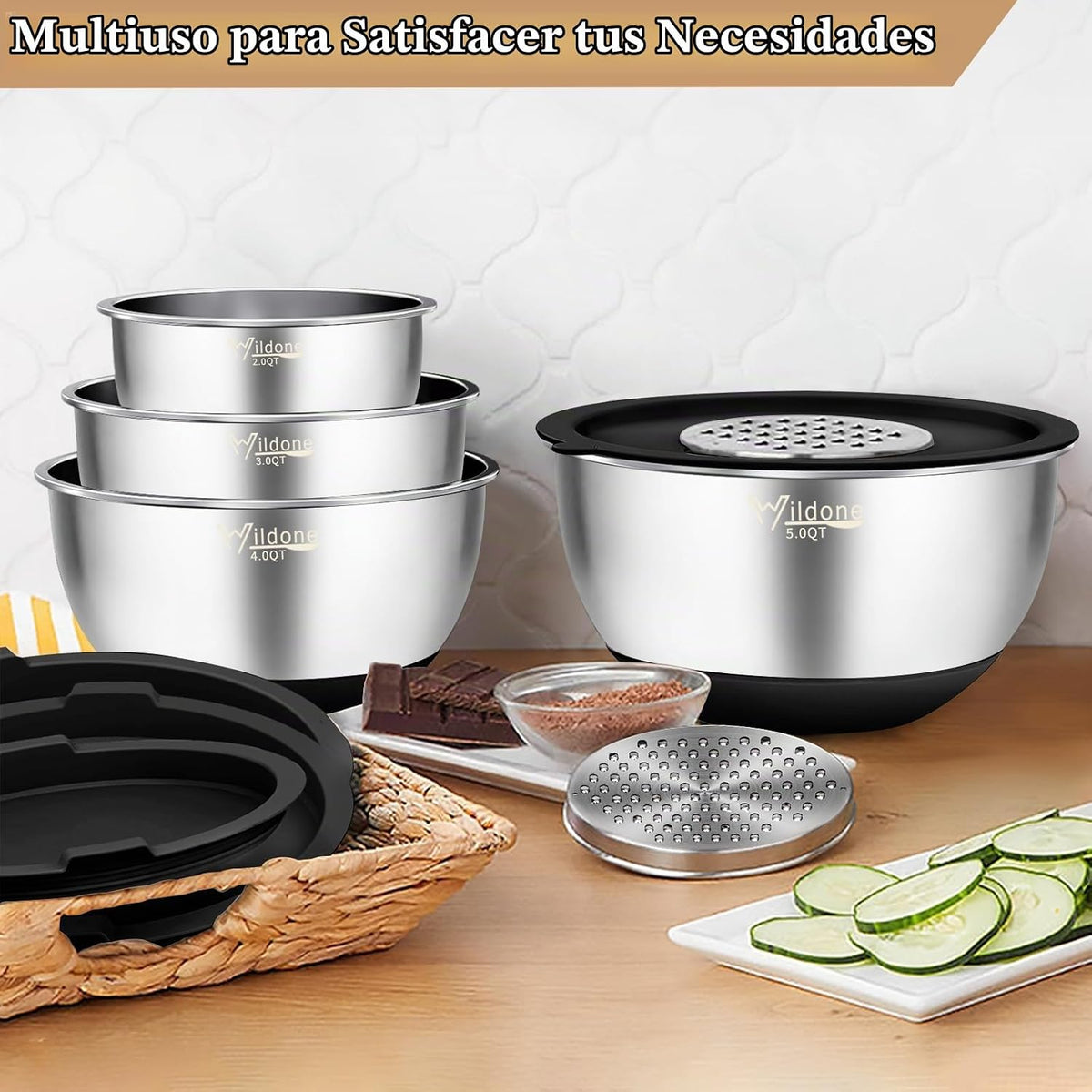 Wildone Cuencos para mezclar con tapas herméticas, juego de cuencos...