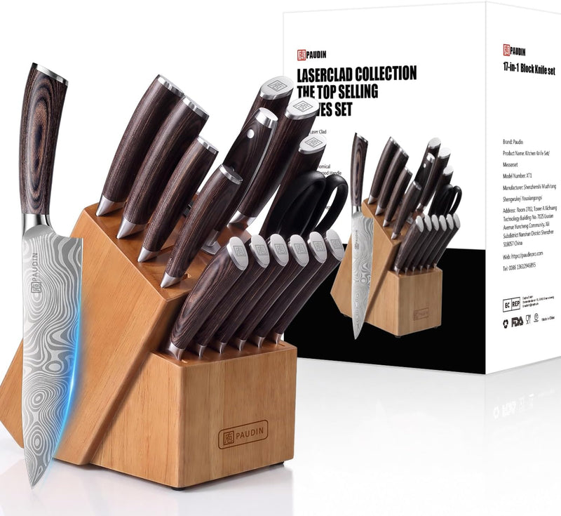 PAUDIN Juego de cuchillos de cocina de 17 piezas con bloque y afila...