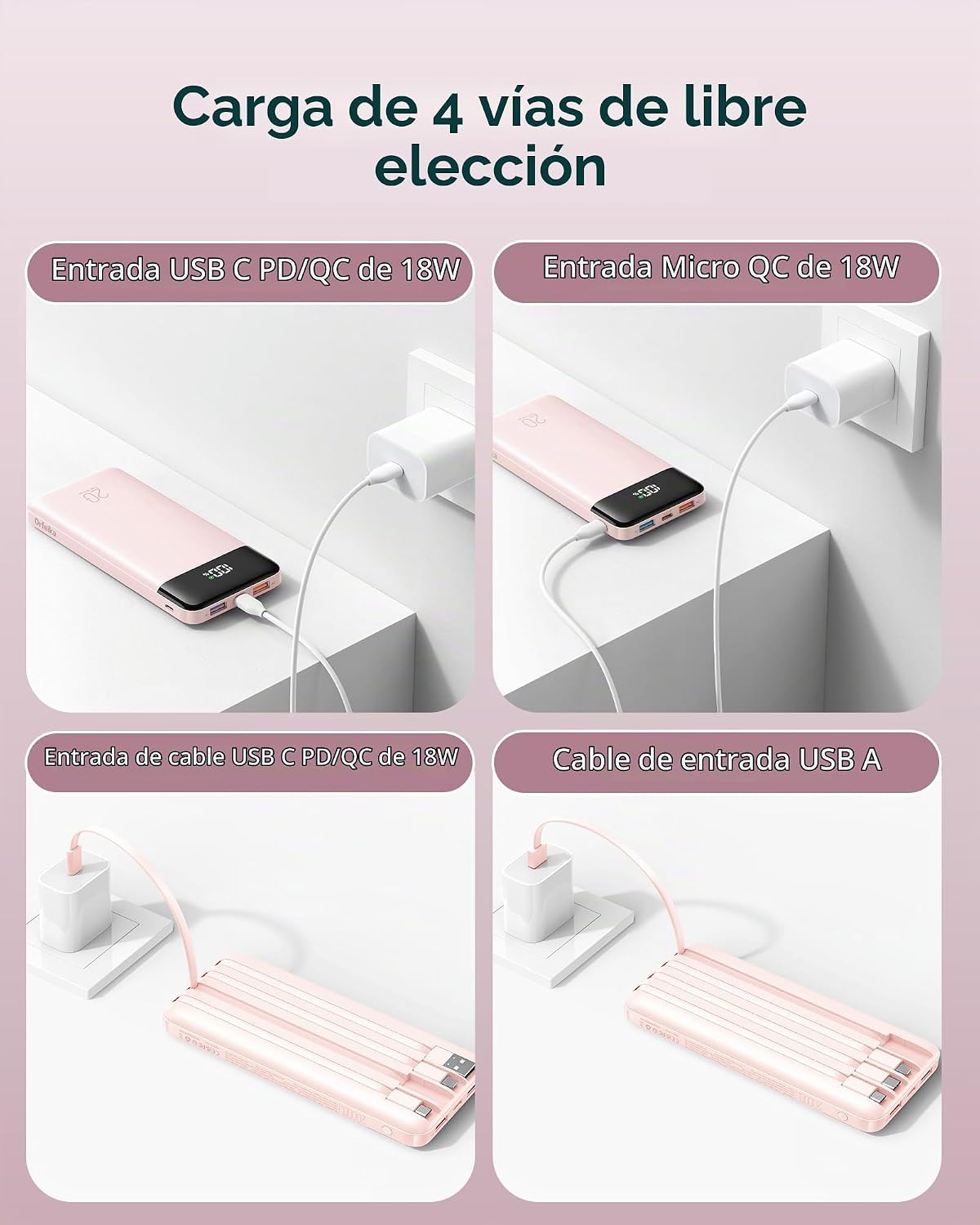 Orfeika 20000mAh Power Bank, cargador portátil con 4 cables incorpo...