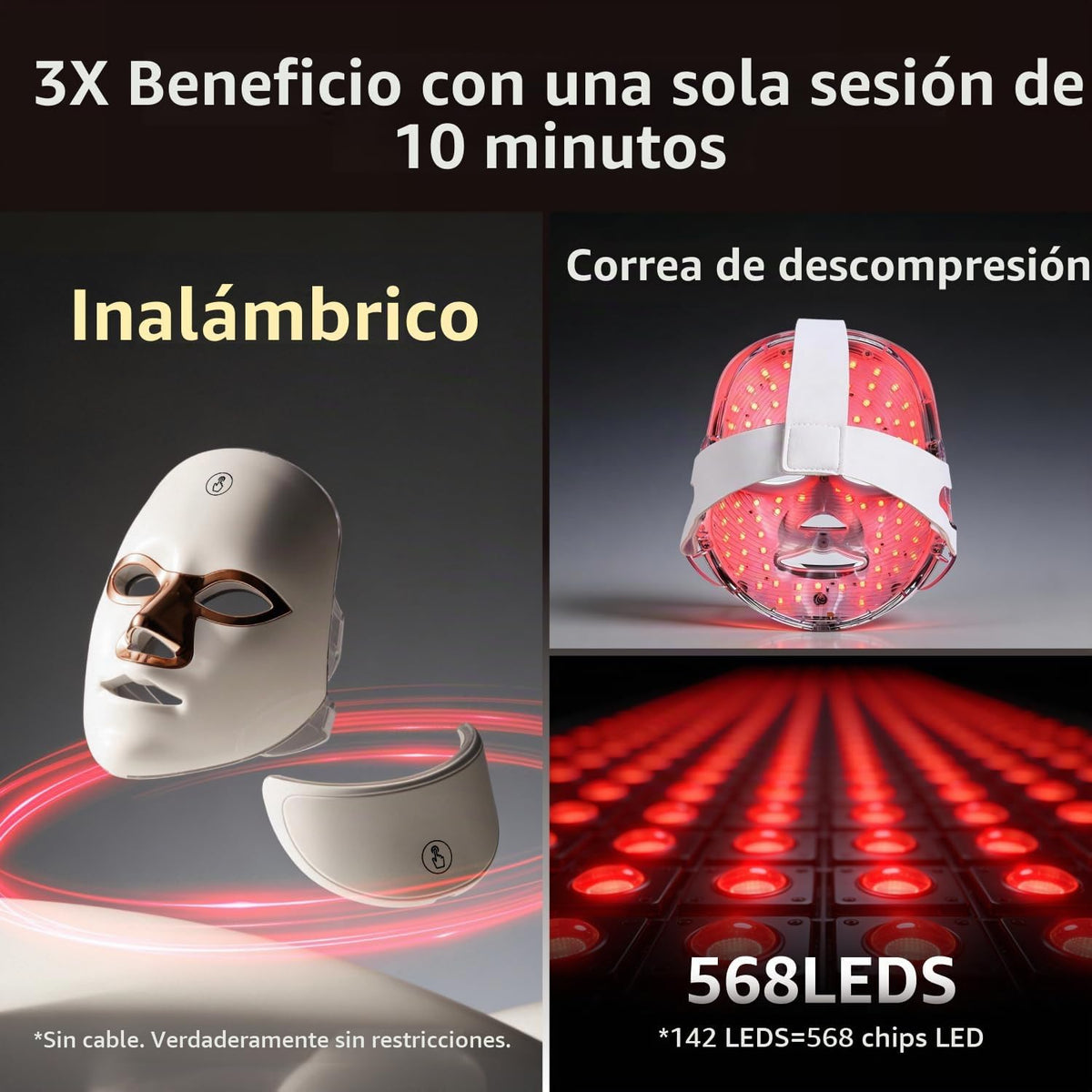 Máscara de terapia de luz roja para cara y cuello con 568 LED, inal...