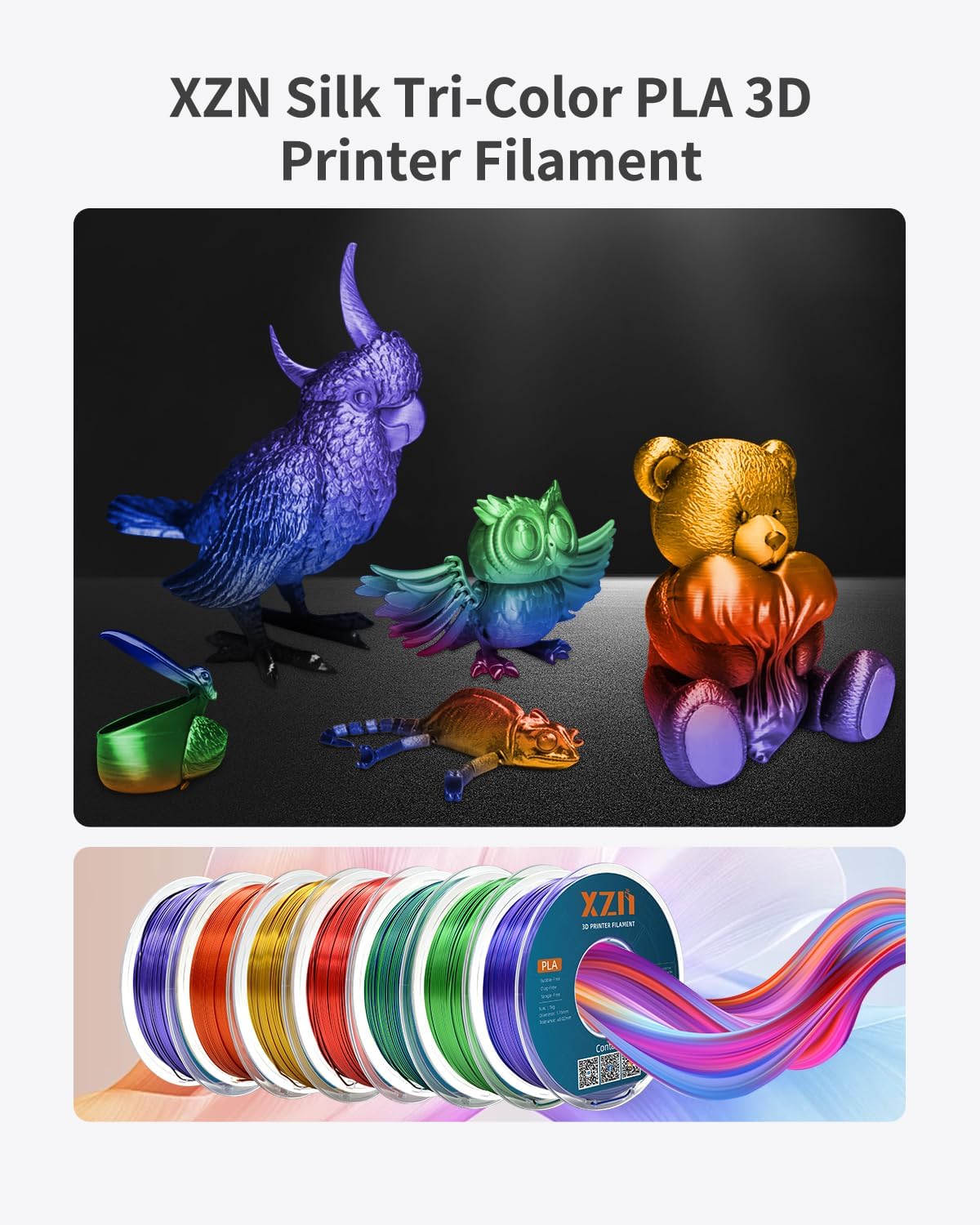 XZN Filamento PLA de Seda Tricolor para Impresora 3D de 1.75mm, Fil...