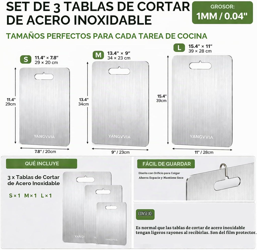 Juego de 3 tablas de cortar de acero inoxidable de grado alimentici...