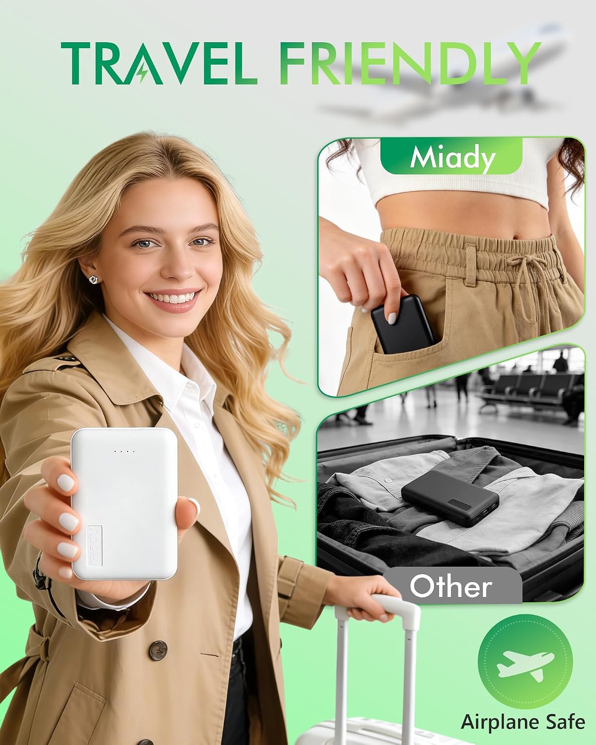 Miady Paquete de 2 baterías de viaje con cargador portátil pequeño...