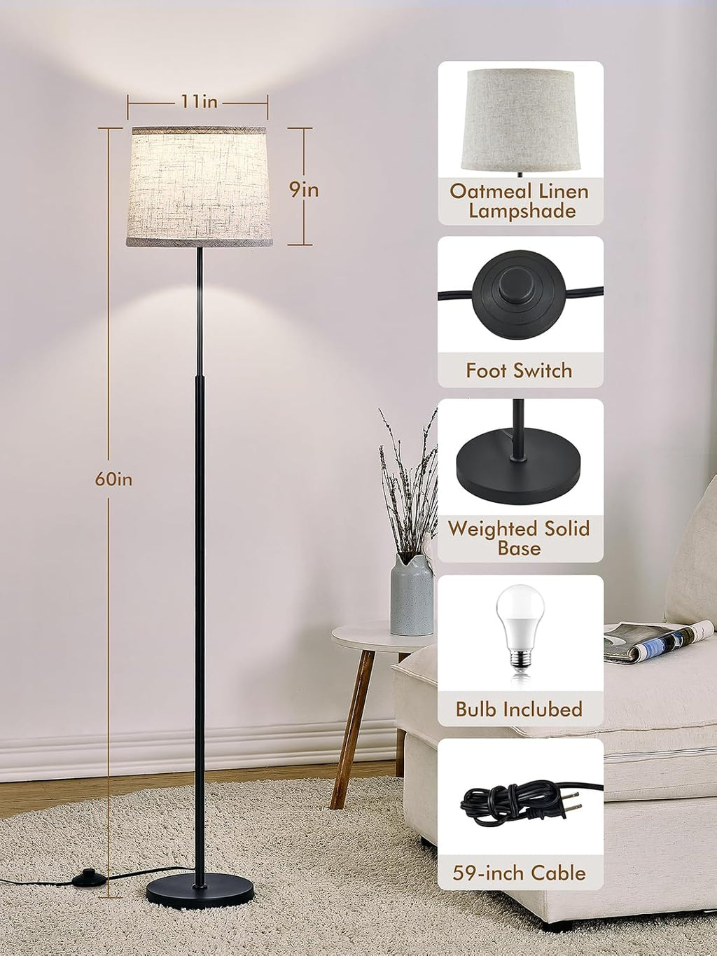 Hikczc Lámpara de pie moderna de 60" para sala de estar y dormi...