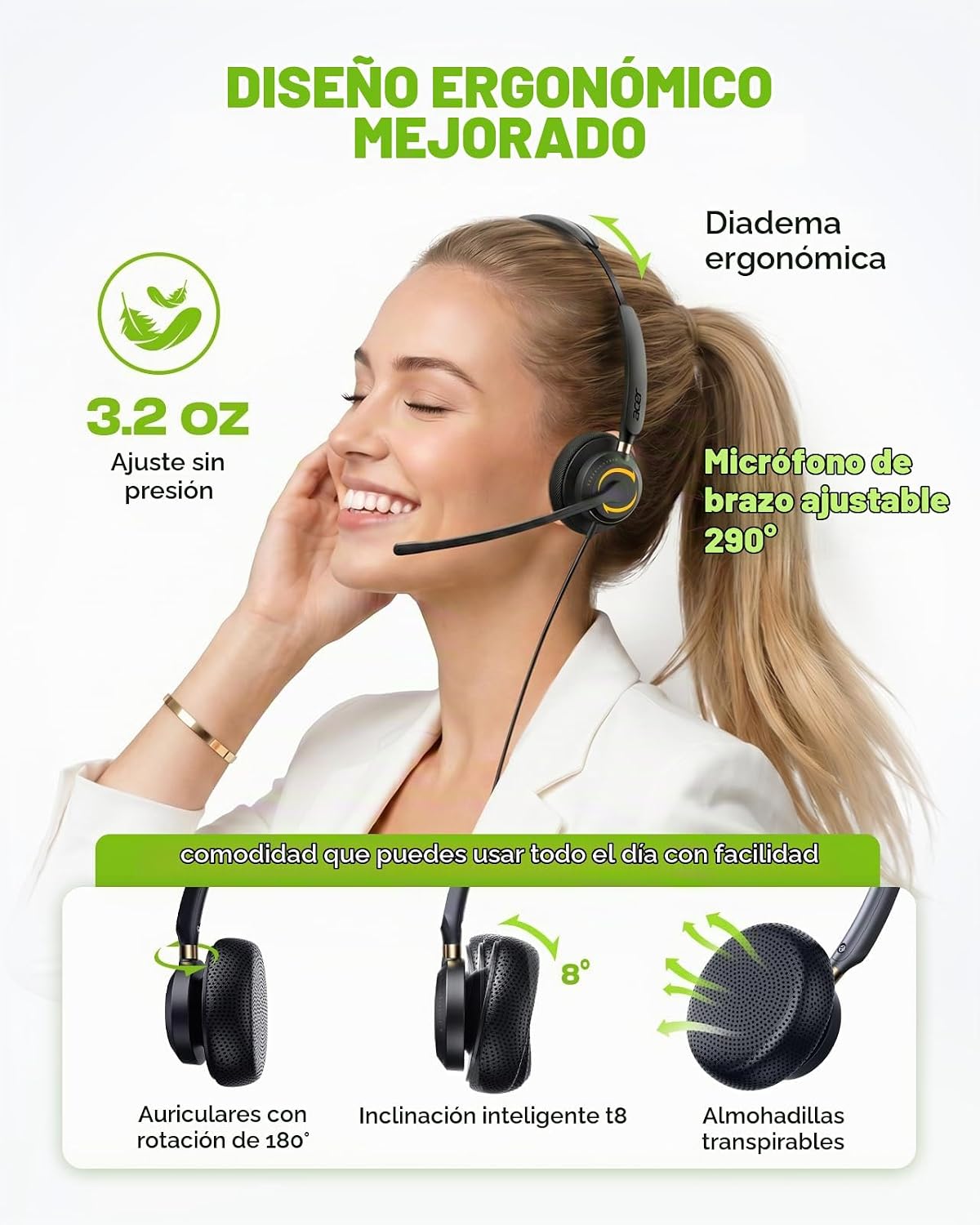 Acer Auriculares USB con micrófono, auriculares con cable para comp...