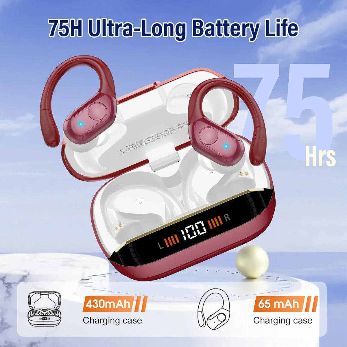 Qecnato 75H Deportes Auriculares inalámbricos Bluetooth 5.4 Auricul...