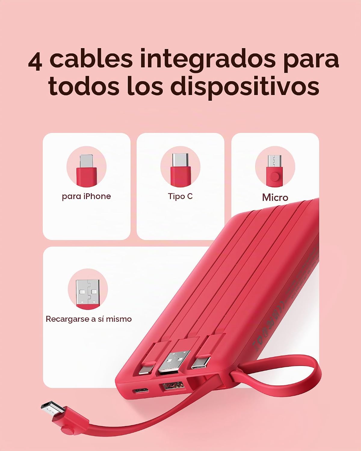Cargador portátil VRURC, 4 cables integrados y banco de energía con...