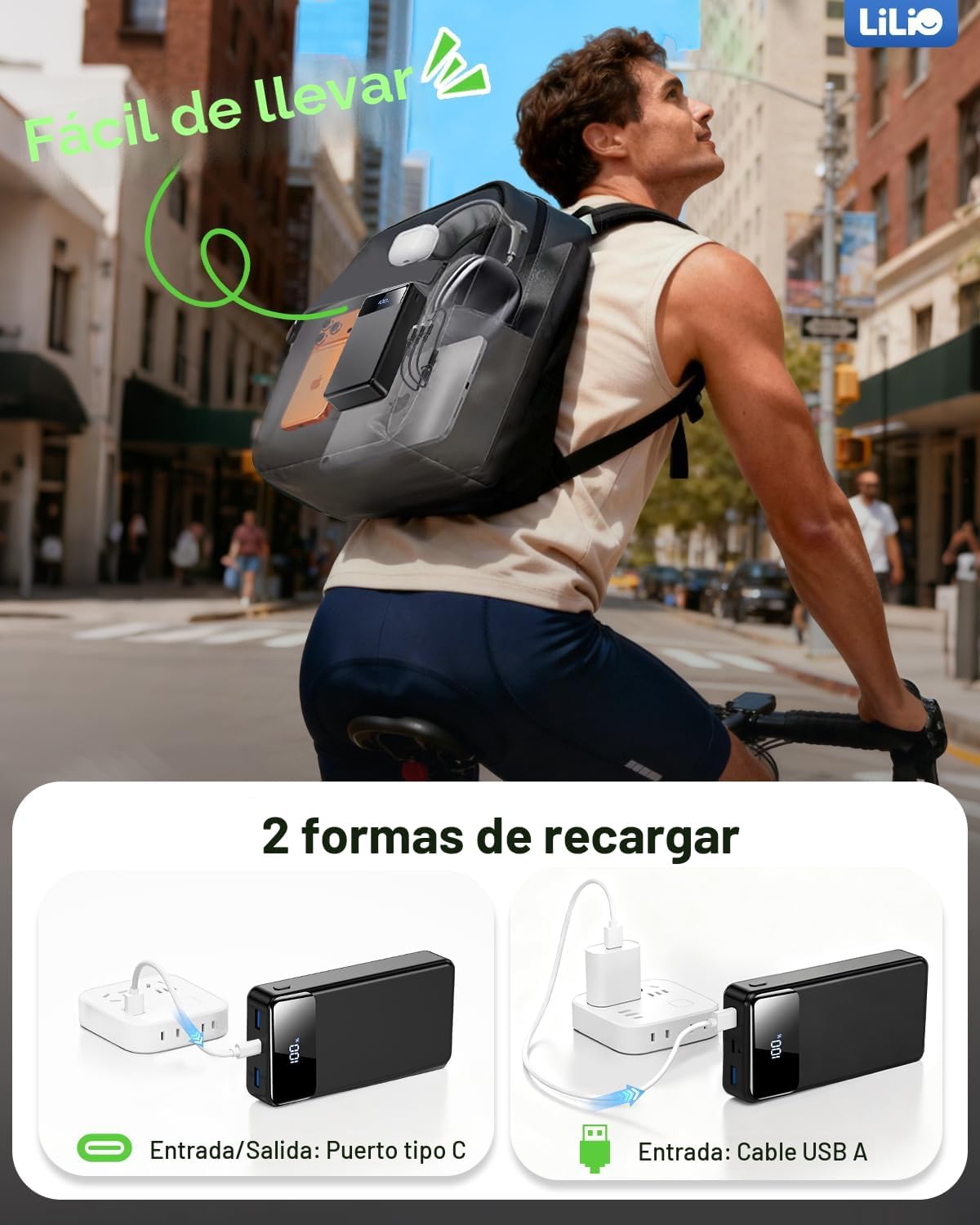 LILIO Cargador portátil 60000mAh, carga rápida de 22.5W con cable 3...