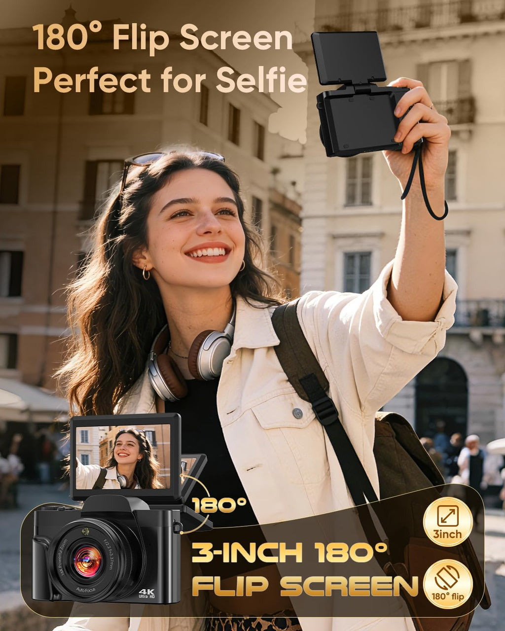 Cámara digital 4K WiFi 180° pantalla abatible enfoque automático 64...