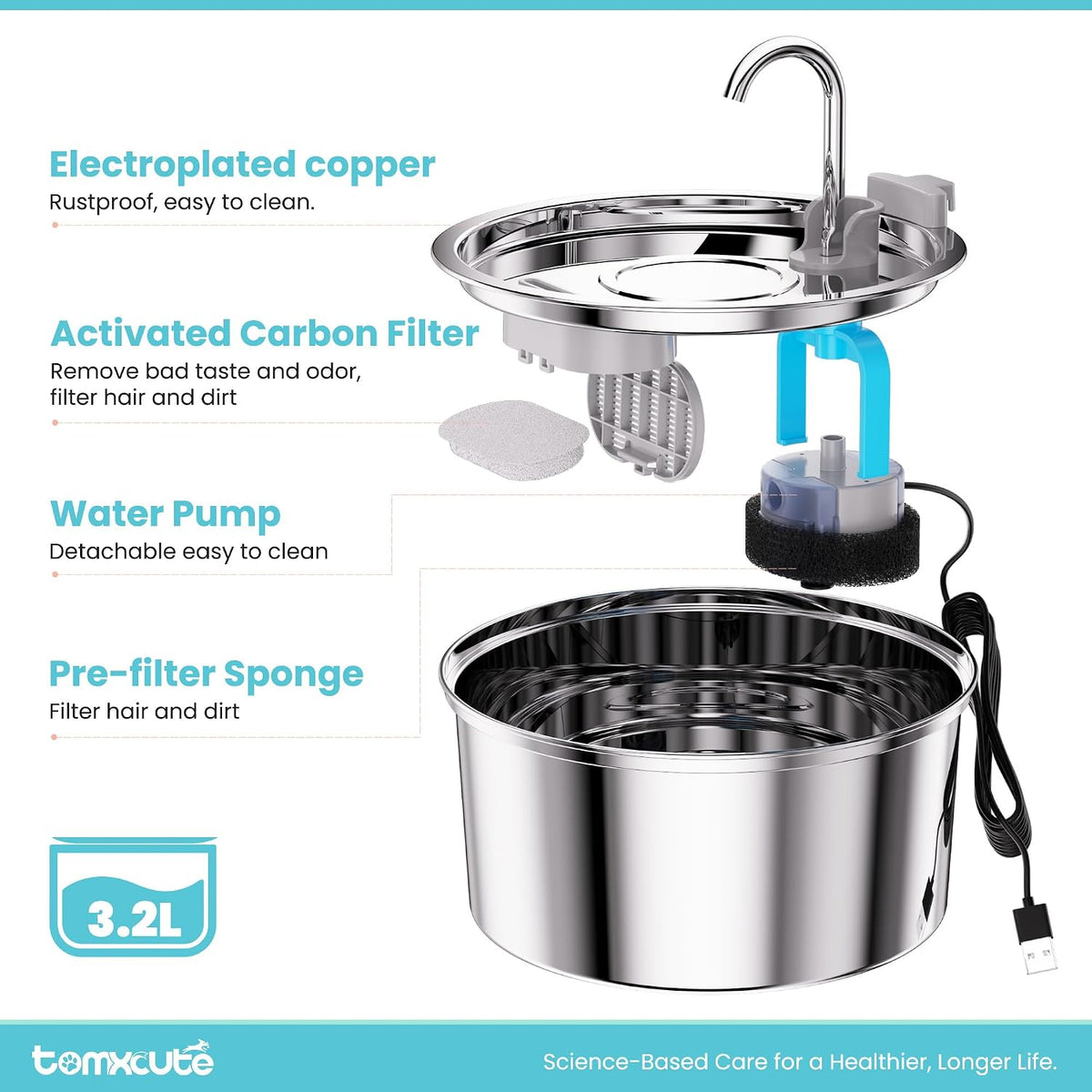 Fuente de agua para gatos de acero inoxidable - 3.2L\/108oz de gran...