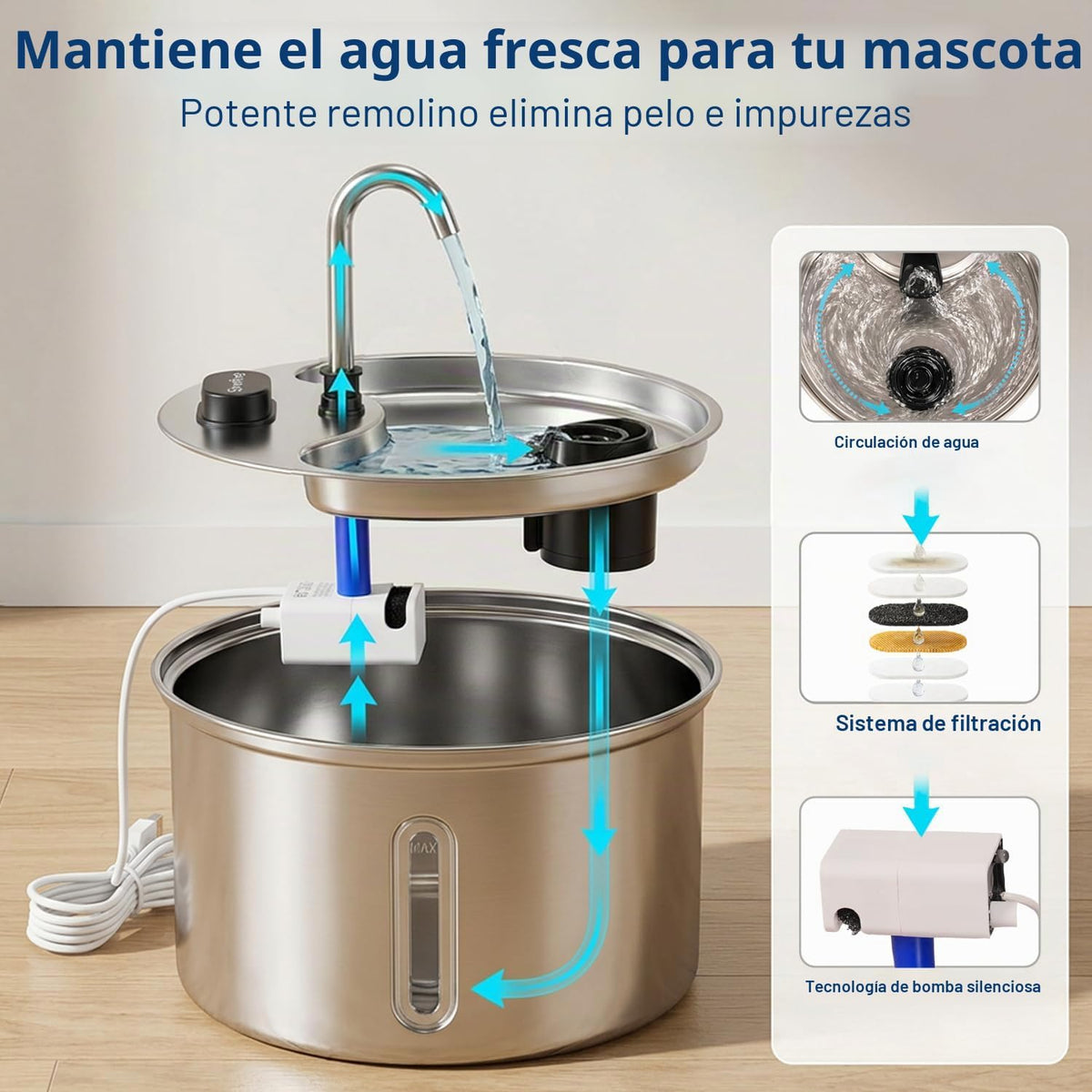 SOVELIVEE Fuente de agua para gatos, fuente para gatos de acero ino...
