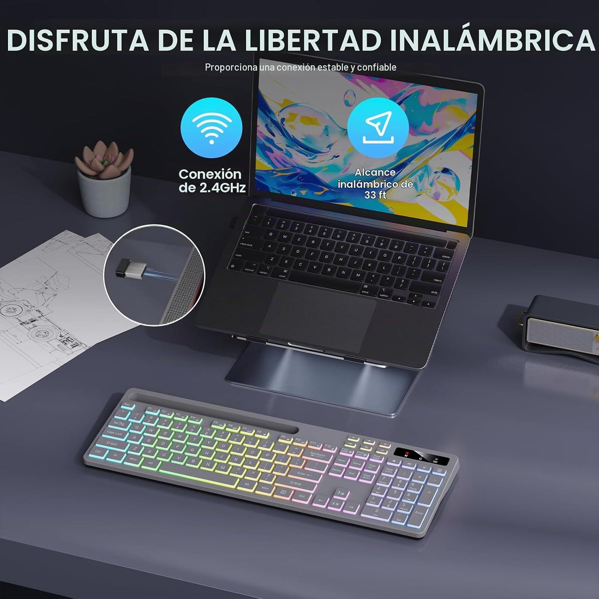 Soueto Teclado inalámbrico con retroiluminación RGB, soporte para t...