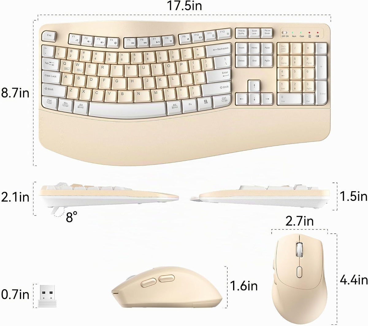 Combo ergonómico de teclado y mouse inalámbricos, teclado Wave Keys...