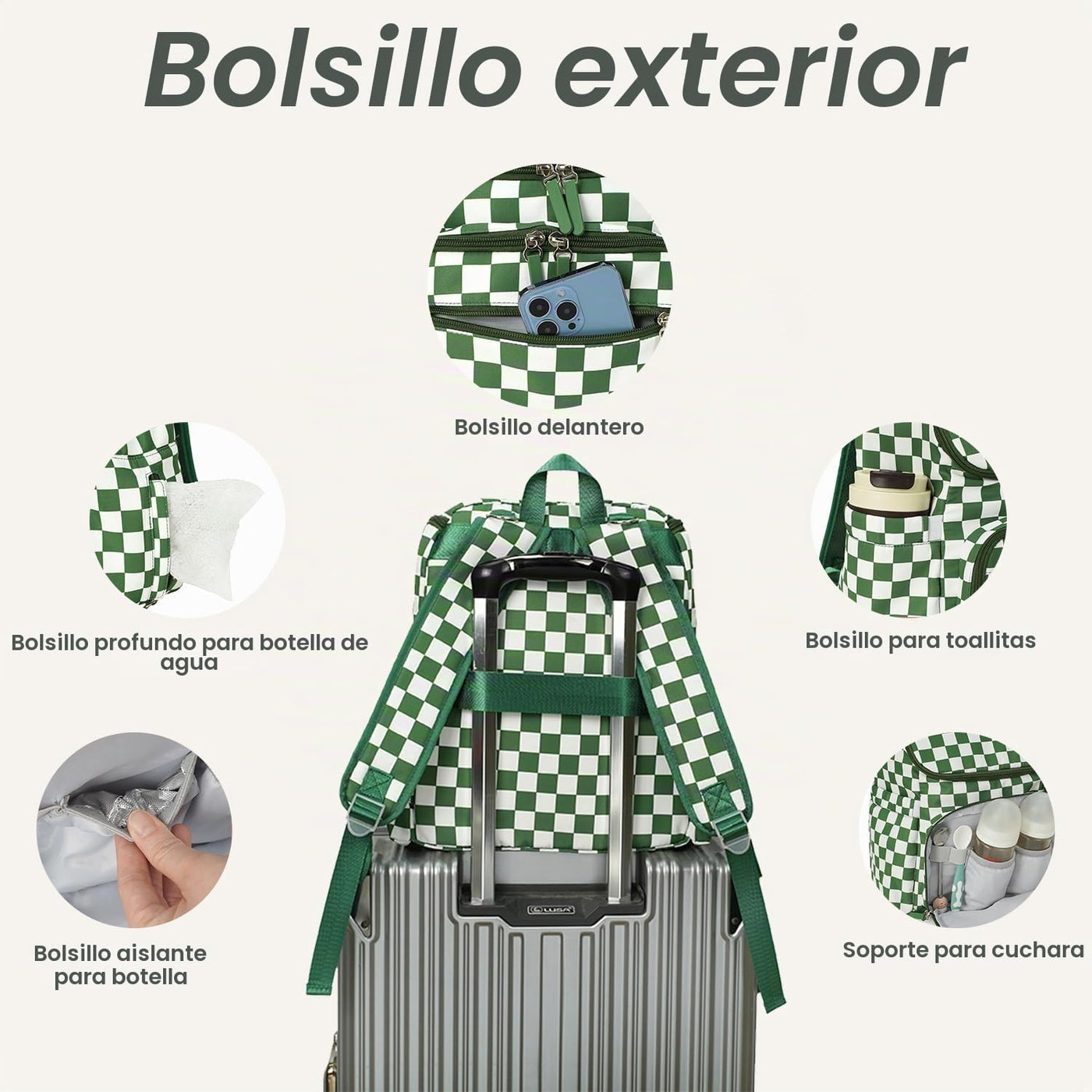 FHELAD Mochila de pañales a cuadros con cambiador y clips para coch...