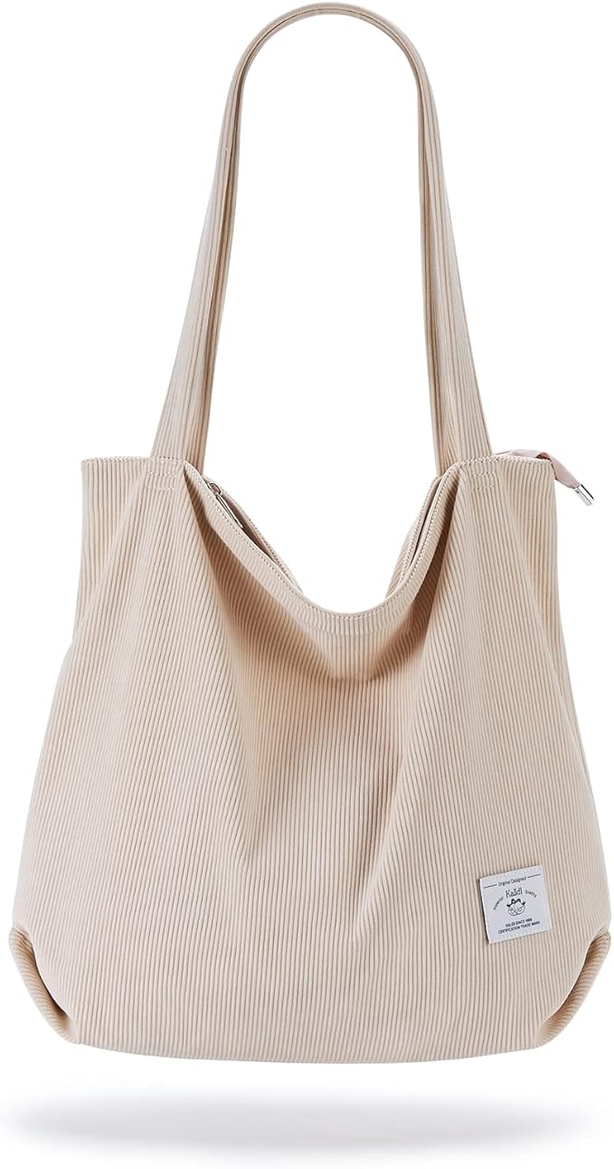 KALIDI Bolsa Tote de Pana con Cremallera Bolsa de Mano Casual Tote Bolsa de Hombro de Gran Capacidad con Bolsillos