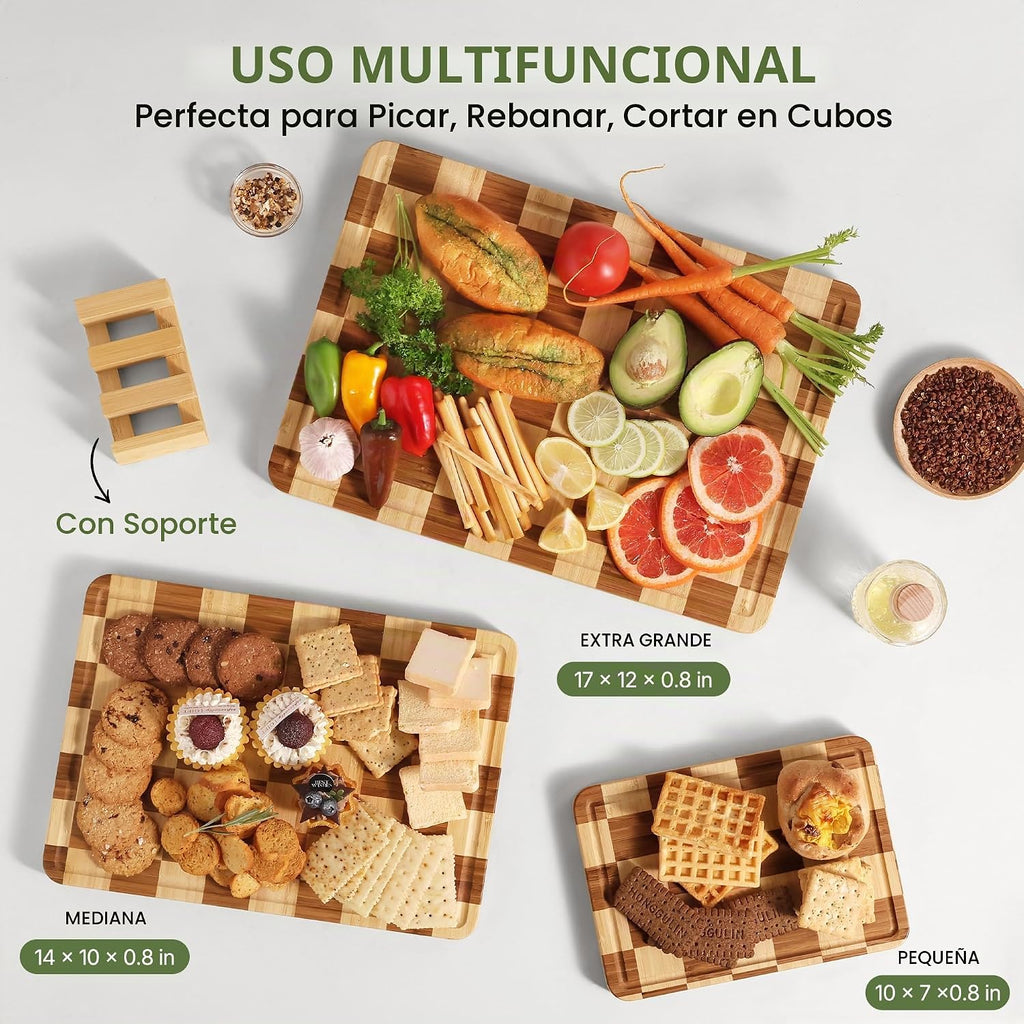 Juego de 3 tablas de cortar de bambú para cocina, tabla de cortar d...