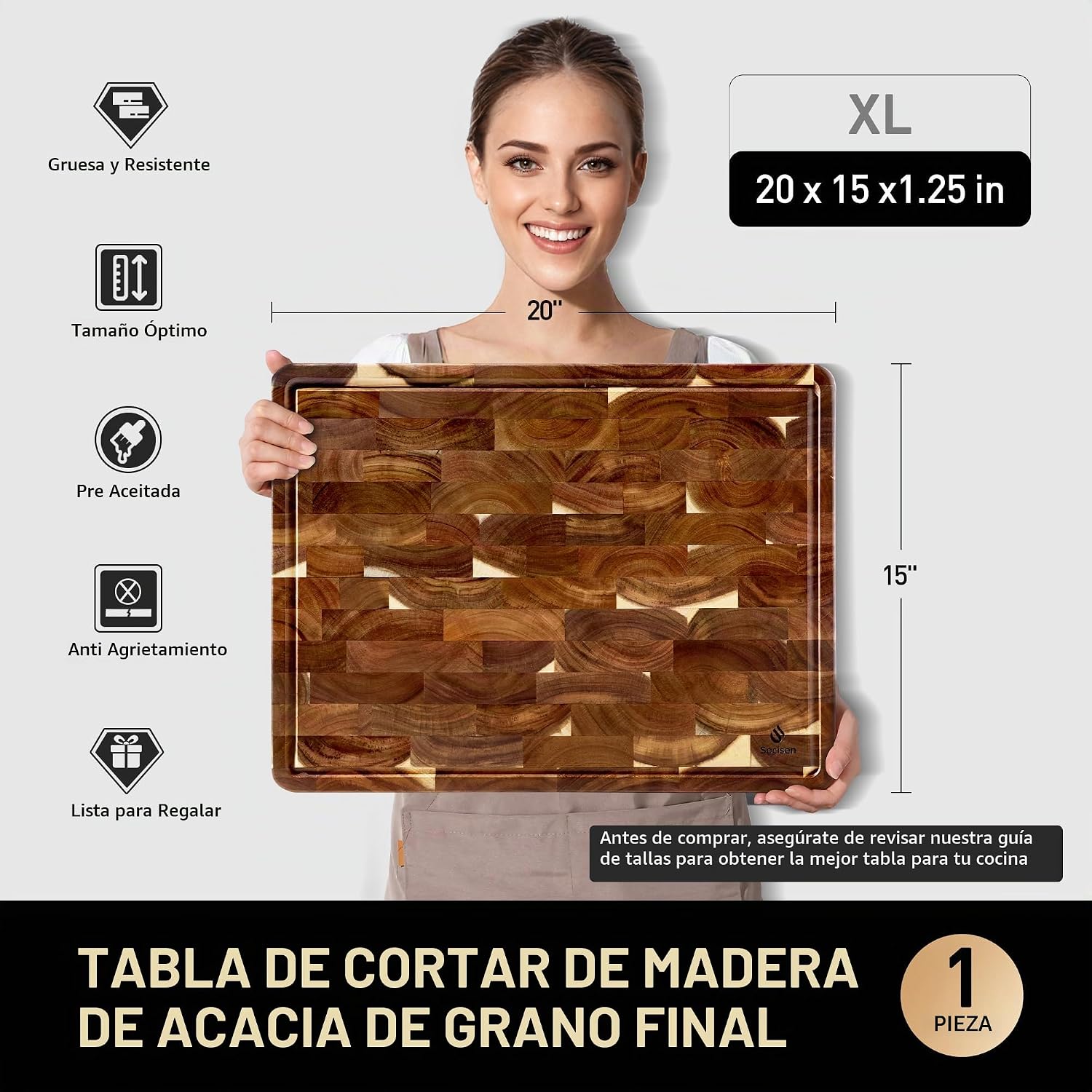 Tabla de cortar extra grande de madera de acacia con grano final pa...
