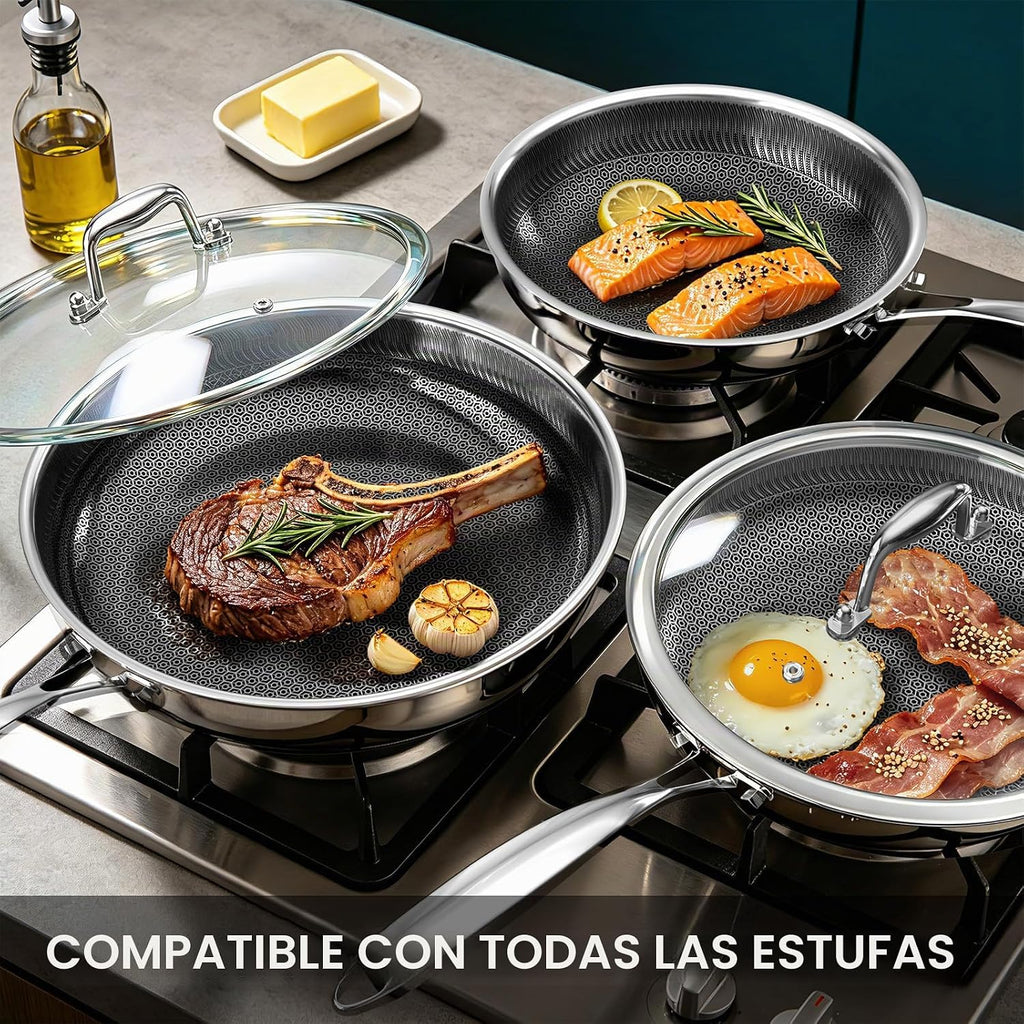 Juego de sartenes antiadherentes, 8, 10 y 12 pulgadas con tapas, sa...