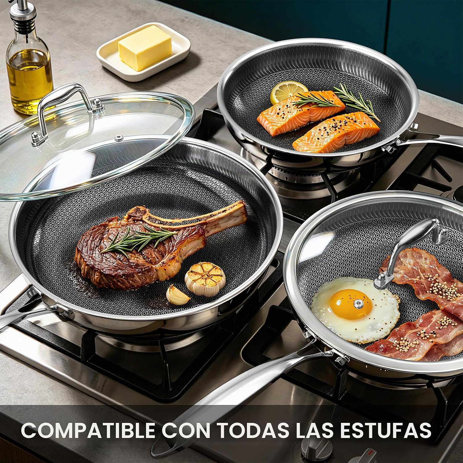 Juego de sartenes antiadherentes, 8, 10 y 12 pulgadas con tapas, sa...