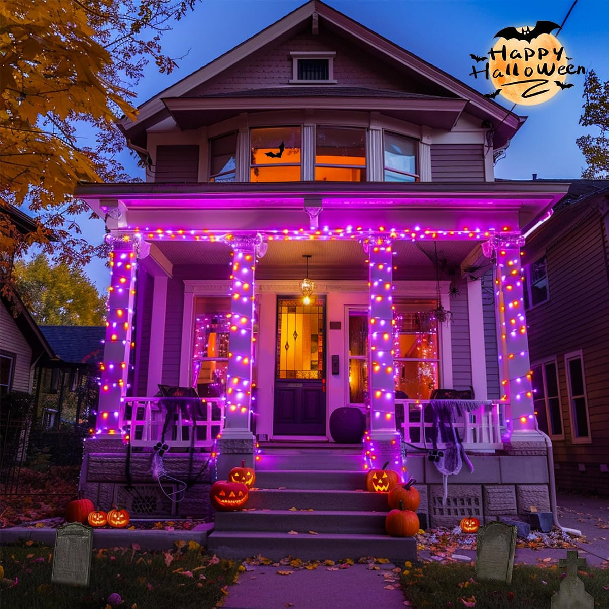 JMEXSUSS 400 luces LED naranja y morado de Halloween para interiore...
