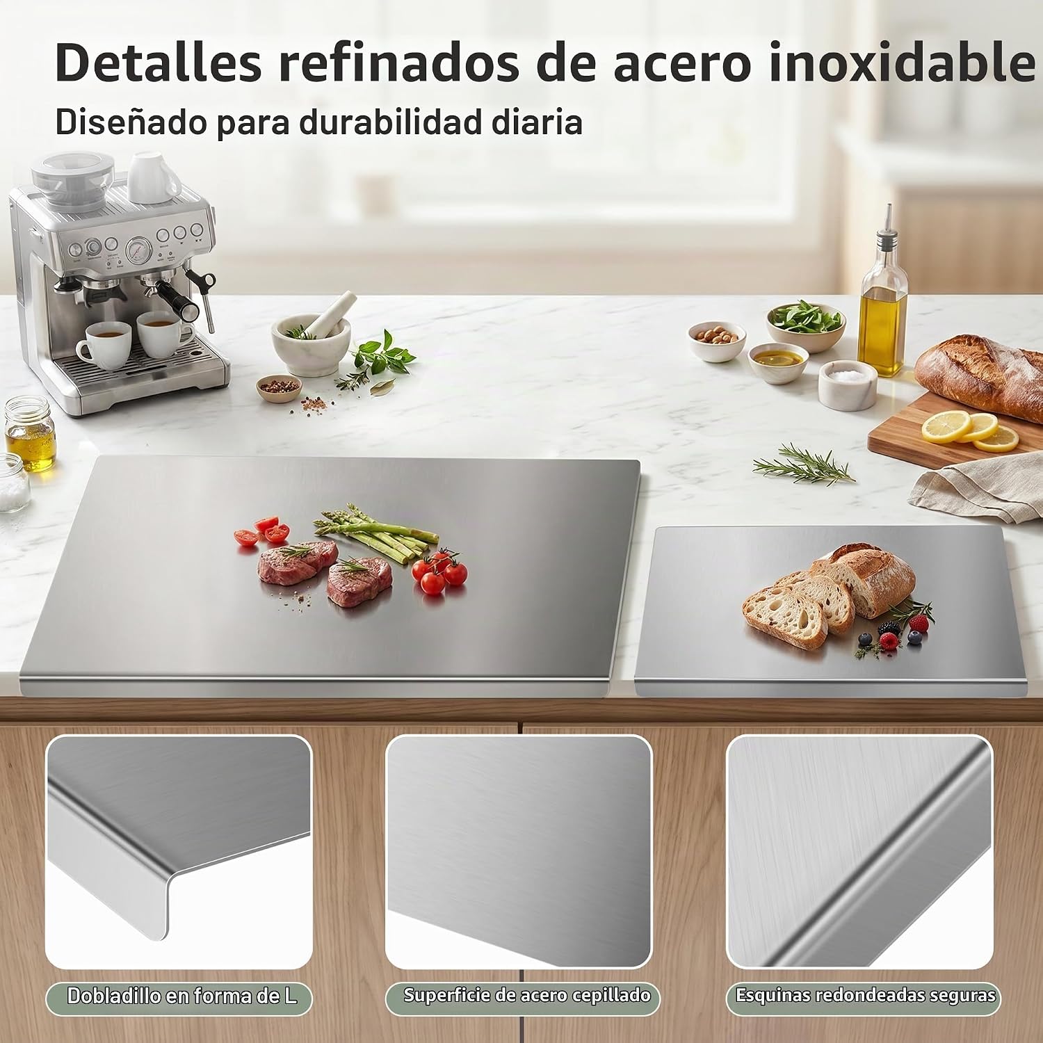 Juego de tablas de cortar de acero inoxidable con labio, paquete de...