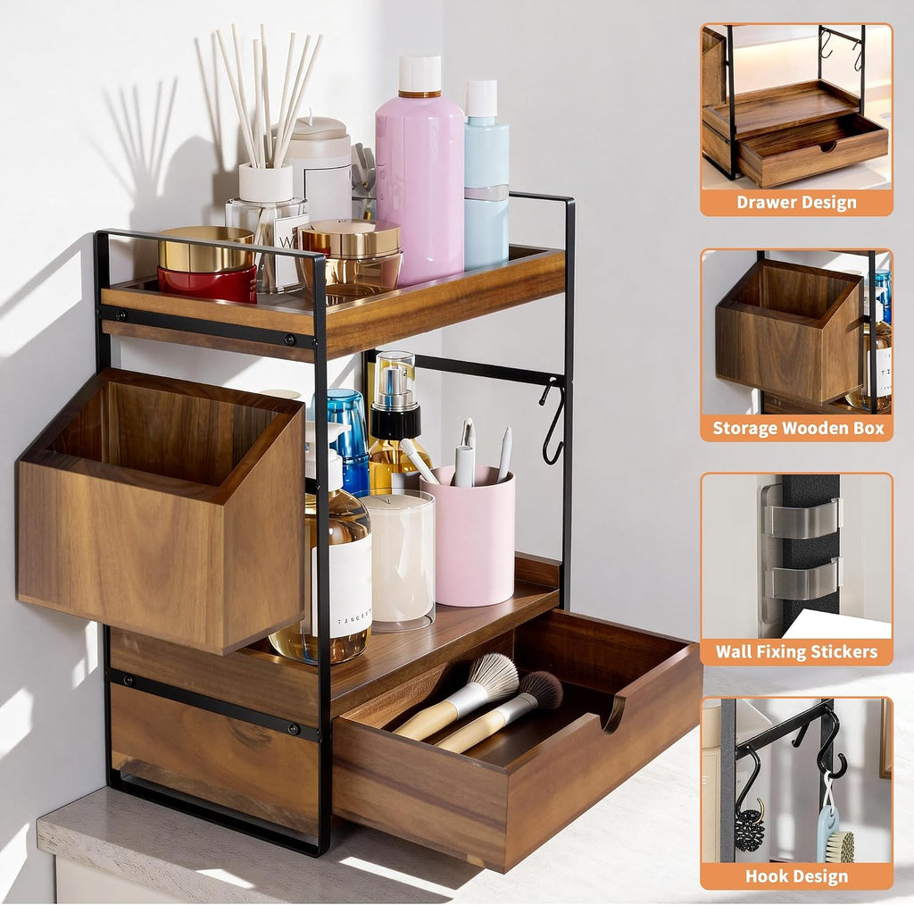 Organizador de encimera de baño de 2 niveles con cajón y cesta, org...