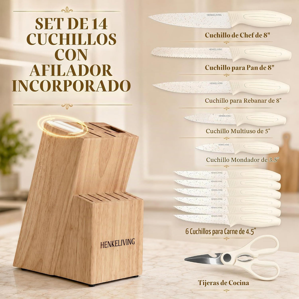 Juego de cuchillos con bloque afilador integrado, apto para lavavaj...