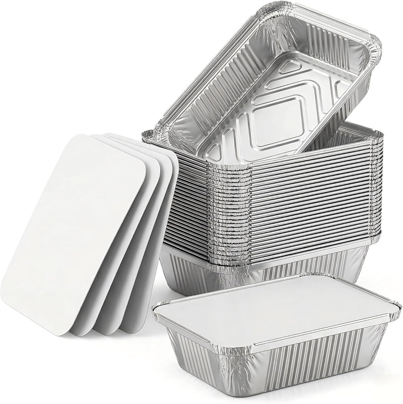 Julpvom Paquete de 50 bandejas de aluminio con tapas, recipientes d...